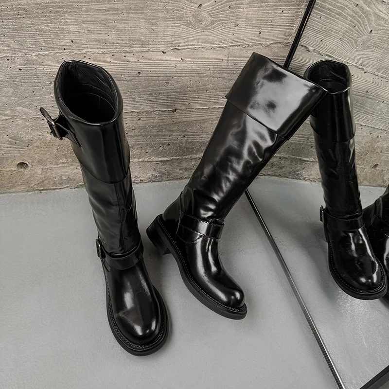 ESVEVA 2027 Fashion Women Knee High Boots Leather Autumn News Shoes Buckle Winter Pleated Dress Motorcycle Long Boots 34-39