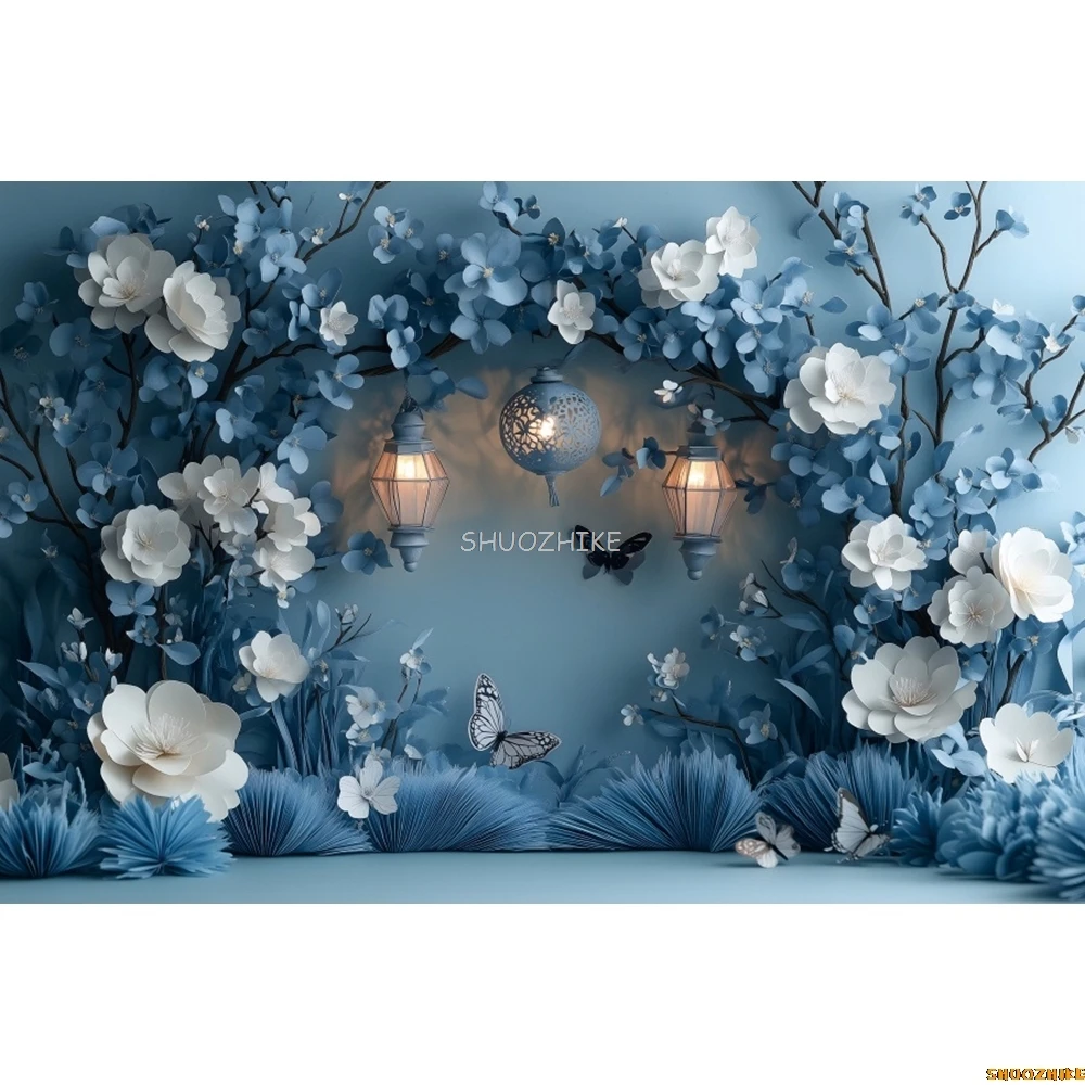 Blaue Blumen Schmetterling Blumen Bogen Hochzeit Fotografie Hintergrund Kinder Geburtstag Party Braut Mutterschaft Porträt Foto Hintergrund