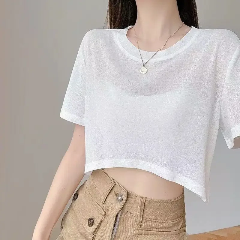 Summer T Shirt 4 Colors Women Mesh Sheer Short Sleeves Sunscreen Cover Up Crop Top Slim Fit  Simple Black T-Shirt Ice Silk