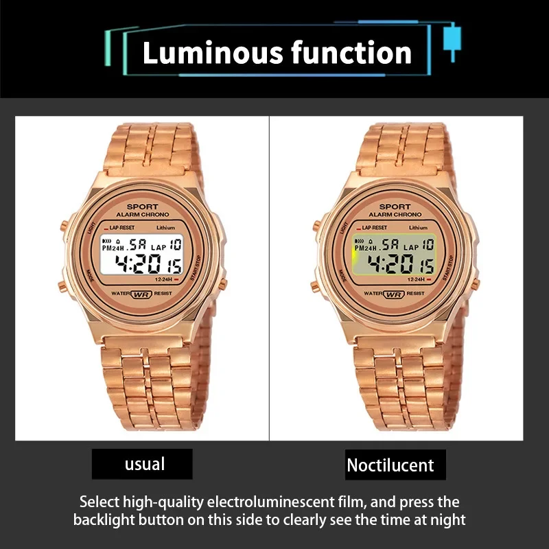 المرأة عارضة الساعات الإلكترونية مجموعة الرجعية الفولاذ المقاوم للصدأ حزام السيدات LED الرقمية ووتش متعددة الوظائف ساعة يد رياضية على مدار الساعة مجموعة
