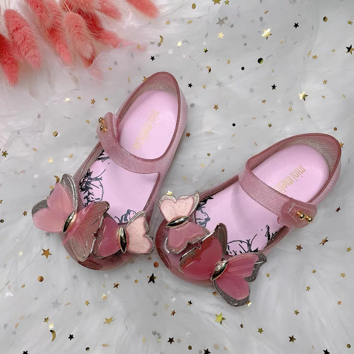 Melissa Fragrant Princess Primary School Students Pink Metal Sequins 3d Butterfly Water Diamond Jelly Girl Beach Sandals