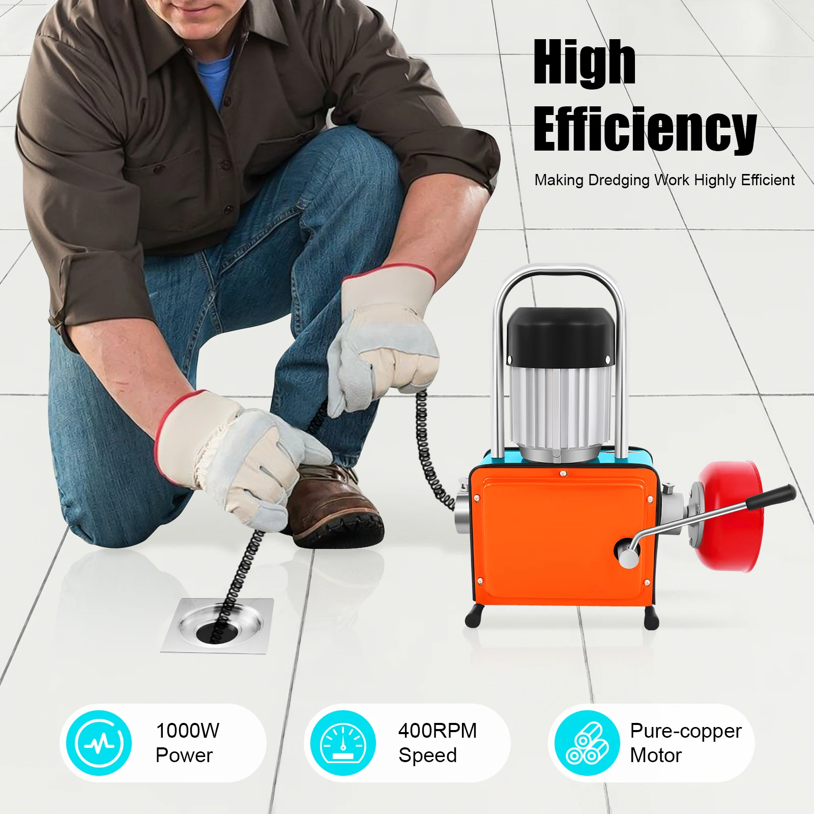 1000W Drain Cleaner Pipe Cleaning Machine Sewer Dredge Device, 30m/39.4ft Spring Cable with 16mm Drill Bit Set