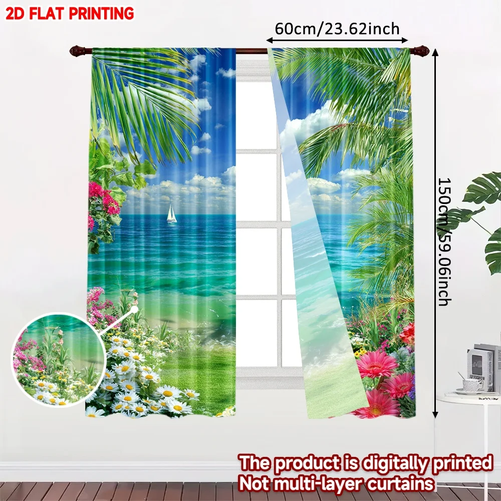 2pcs Tropical Beach Curtains  Ocean View with Palm Trees Colorful Flowers on Light Blue Background for Living Room