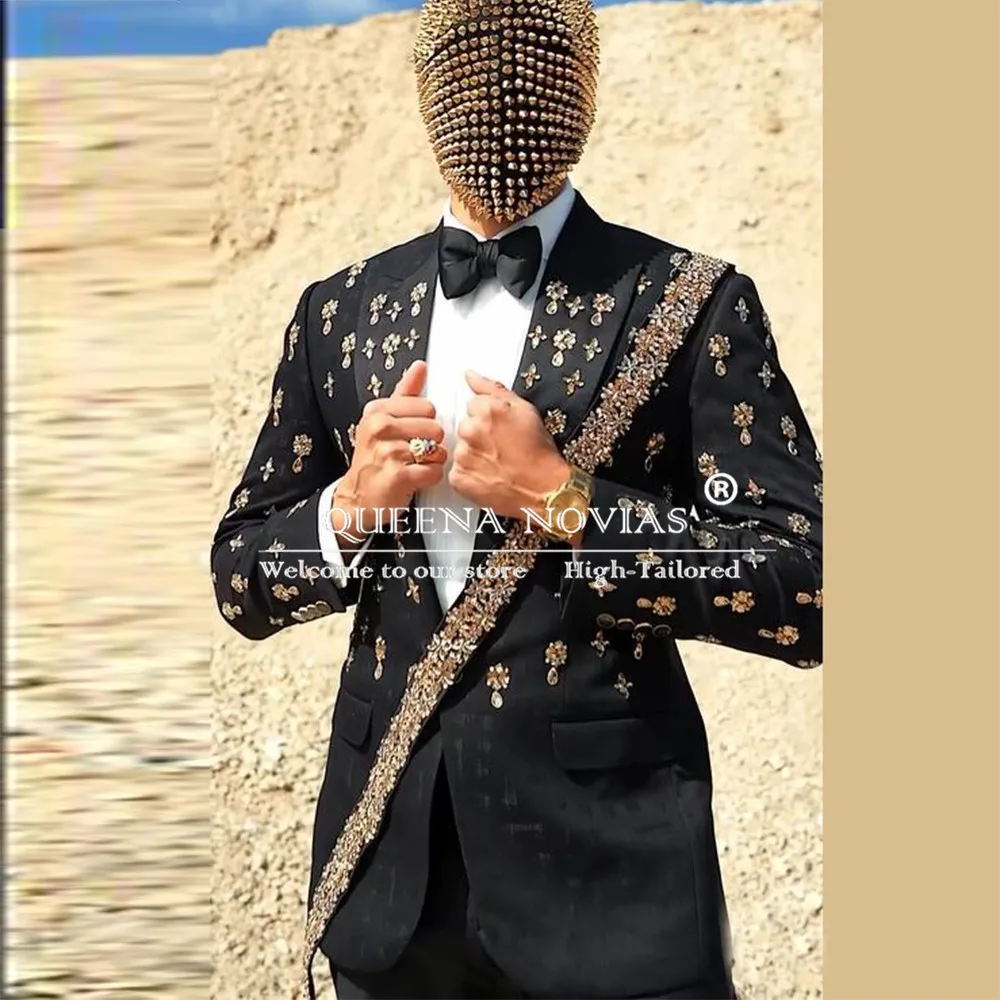 

Beaded Ornament Men Suit Single Breasted Wedding Groom Tuxedos Male Prom Blazer 2 Pieces Sets Customized trajes para hombre