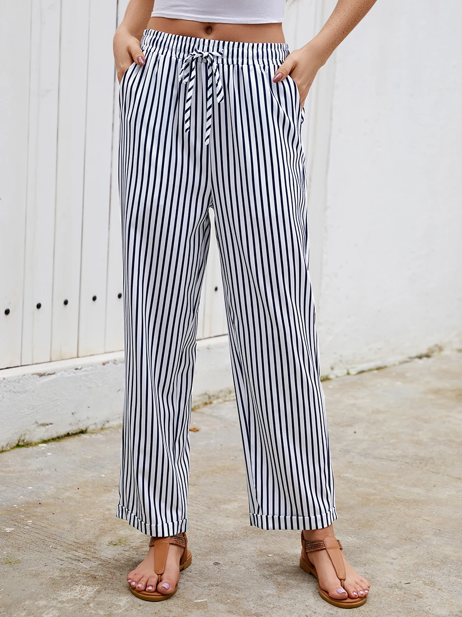High Waist Stripe Wide Leg Pants Women Loose Elastic Waist Trousers with Drawstring Pockets Bohemian Casual Fall Pants
