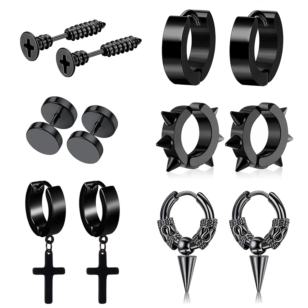 1/6 Pairs Unisex Punk Hip-Hop Style Stainless Steel Piercing Stud Earrings Cross Spike Dangle Earrings for Men Women Ear Jewelry