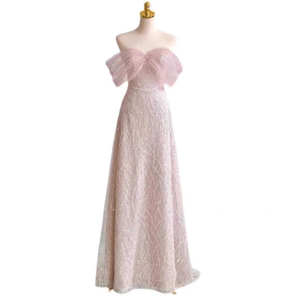 Robe de Demoiselle d\'Honneur Rose Clair, Ligne A, Perles, Paillettes, Tulle Élégant, Style Français, Robe de Soirée Formelle