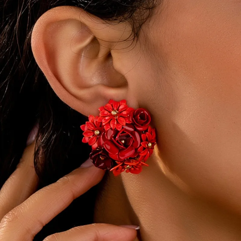 

[Miss Jenny]New Style Red Rose Drop Oil Stud Earrings Flower Earring for Women's Banquets & Business Events M217