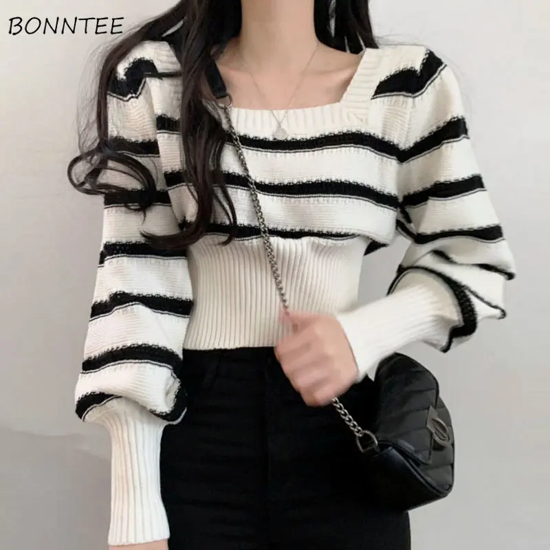 Vintage Cropped Sweaters Women Slim Chic Square Collar Basic Lady Knitwear Korean Fashion Autumn Cozy Long Sleeve Clothing Sales