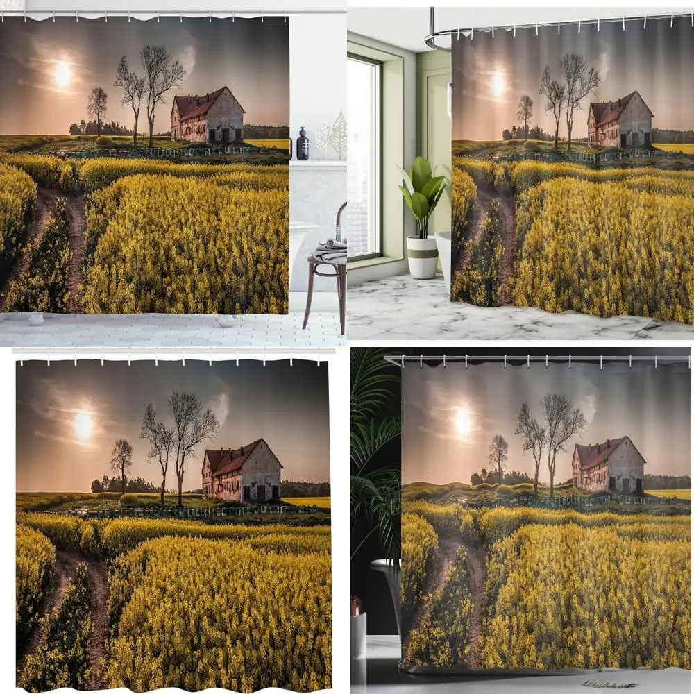

rustic charm shower curtain: abandoned cottage amidst flowering meadows and serene village
