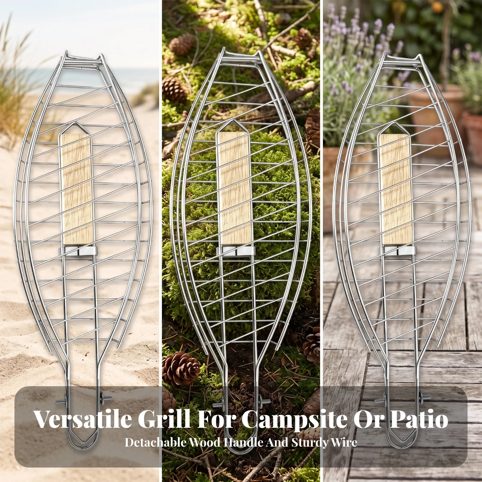 Fish Grill Basket with Wood Handle Chrome-Plated Fish Grilling Basket Cookware Lightweight Comfortable Grip for Campers