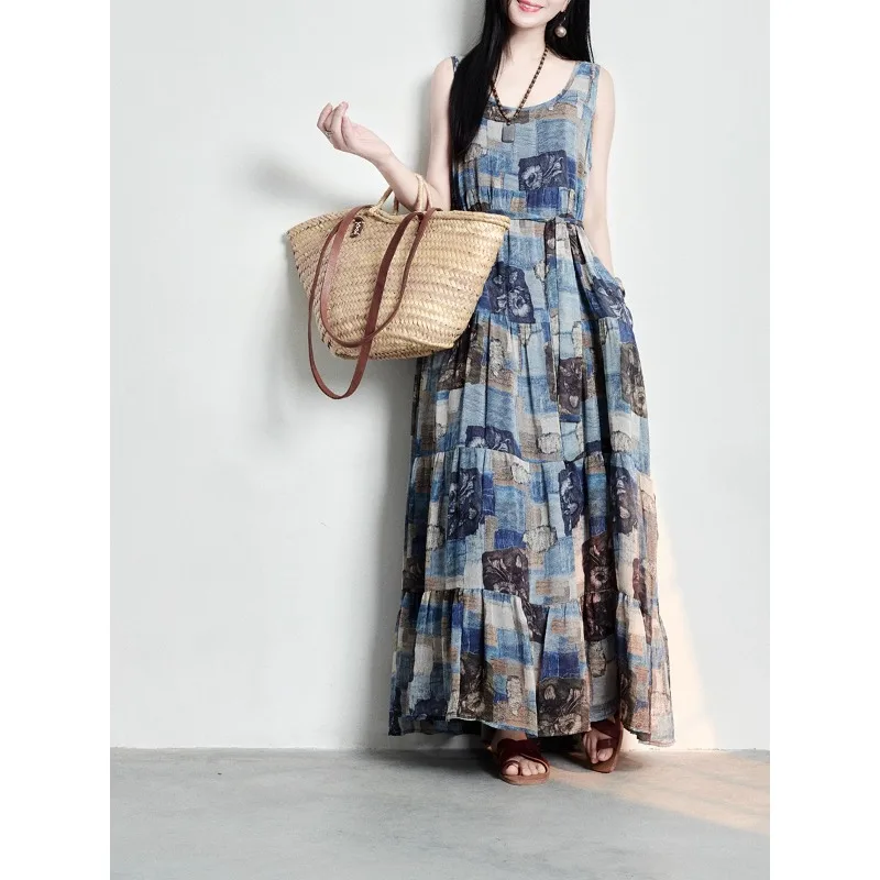 Vestido de linho de algodão com estampa solta, design artístico original, moda verão, saia longa feminina, gola redonda, vestido fino n881