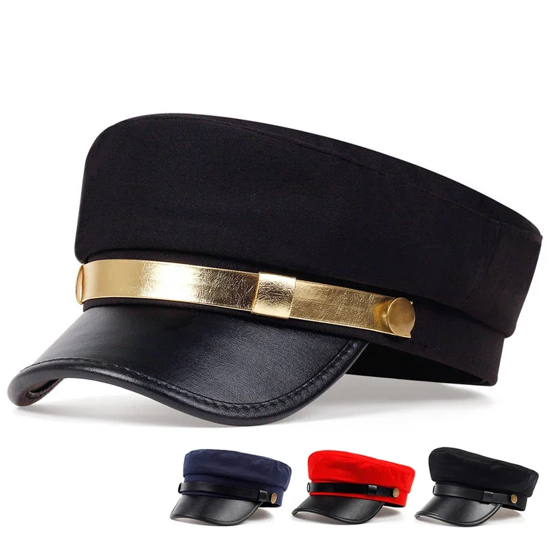 Gorras militares unisex de cuero con visera, gorras de béisbol de copa plana para mujer, sombrero de cadete para deportes al aire libre con protección solar