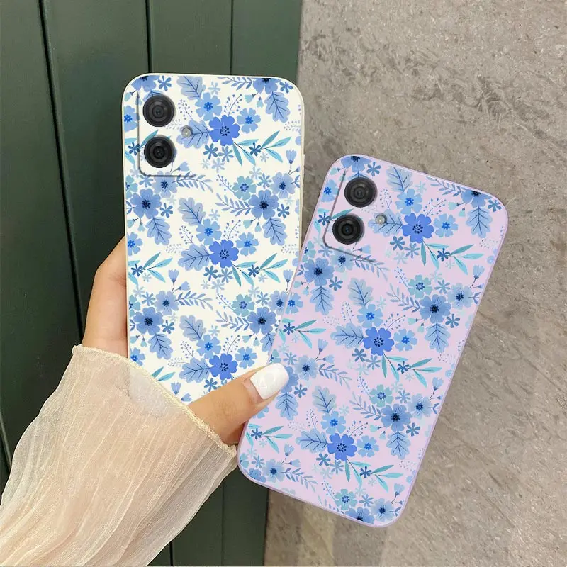 G54 Blue Floral Silicone Phone Case For Motorola Moto G54 G42 G24 G82 G30 G9Play G34 G50 G22 G52 G53 G84 G10 G14 G72 G8 Cover