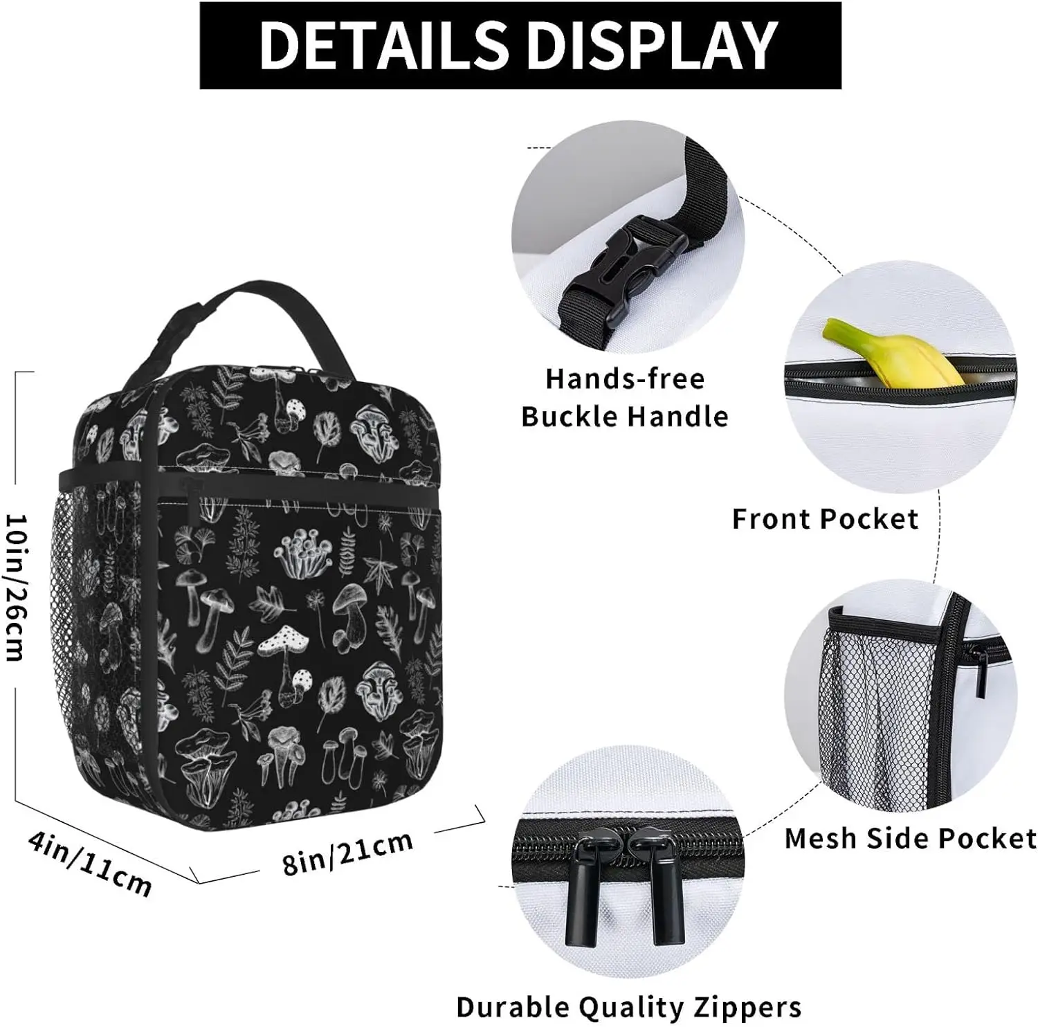 White Mushrooms Lunch Bag Double Insulated Leakproof Lunch Box Tote Bag Cooler with Side Pockets for Work Picnic Travel Camping