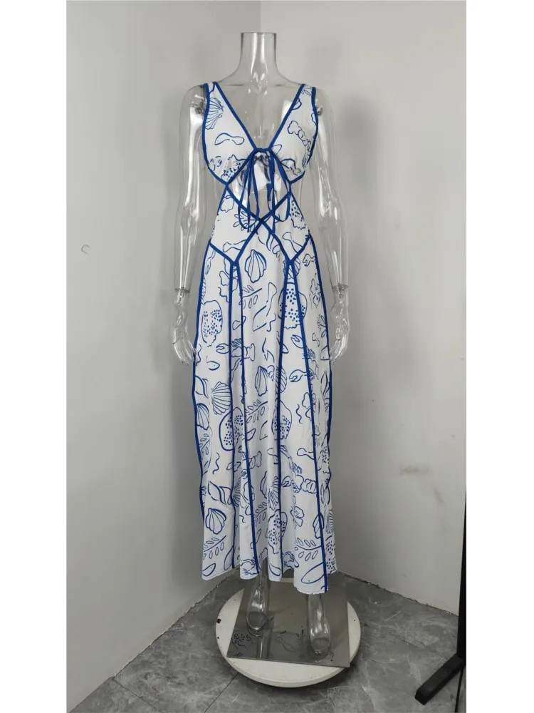 Sexy Backless Hollow Out Long Skirt With Fashionable Printed Straps Summer New Women's V-neck Long Sleeveless Suspender Dress