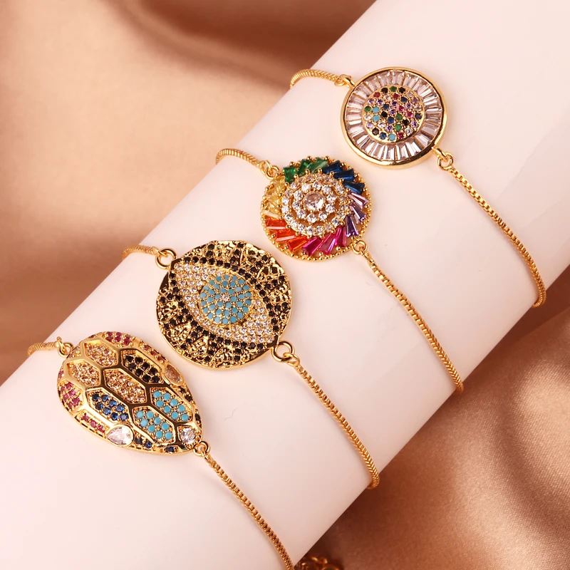 Sparkling Adjustable Rainbow Zircon Bracelets For Women New Gold Plated Evil Eye Bracelet Wedding Jewelry Birthday Gift