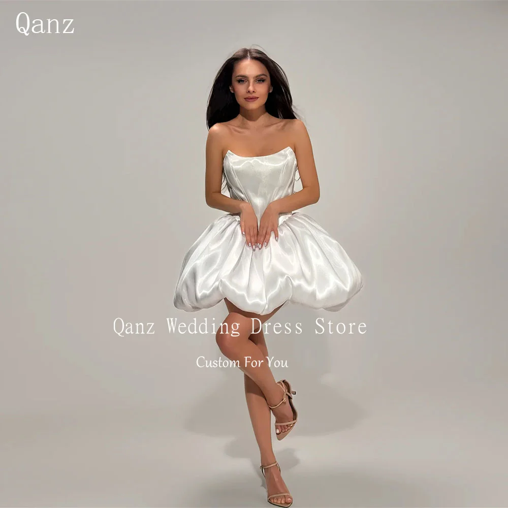 

Qanz White Shiny Satin Wedding Dress Strapless Short A Line Bridal Gowns Mini Puffy Vestido De Novia Boda Civil Customized