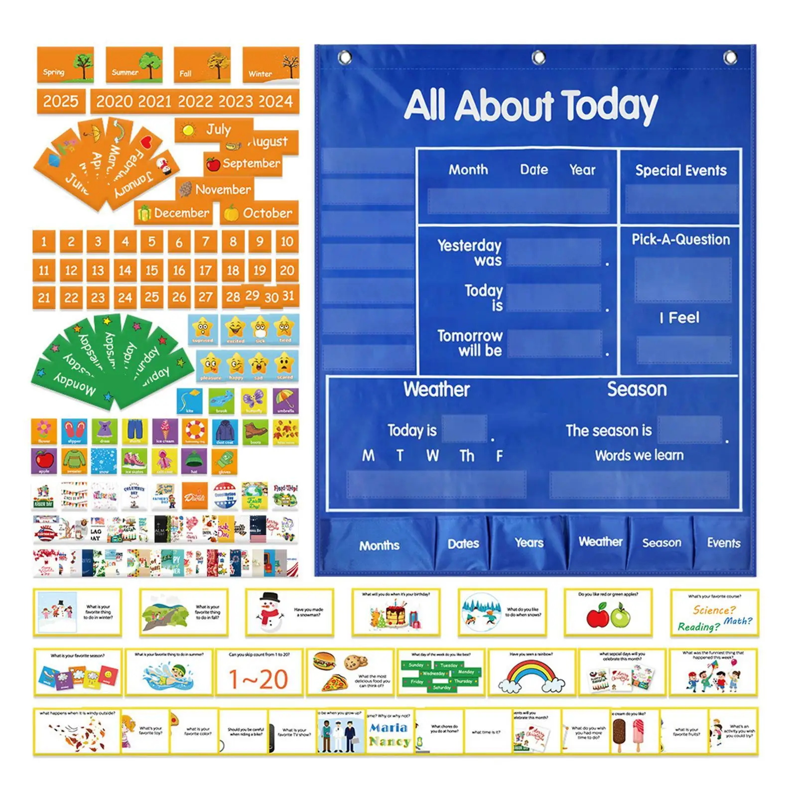 Wetter- und Kalender-Taschendiagramm, pädagogische Taschendiagramm zum Aufhängen, zusammenklappbar, reißfest, Lernressource für Kinder im Tag