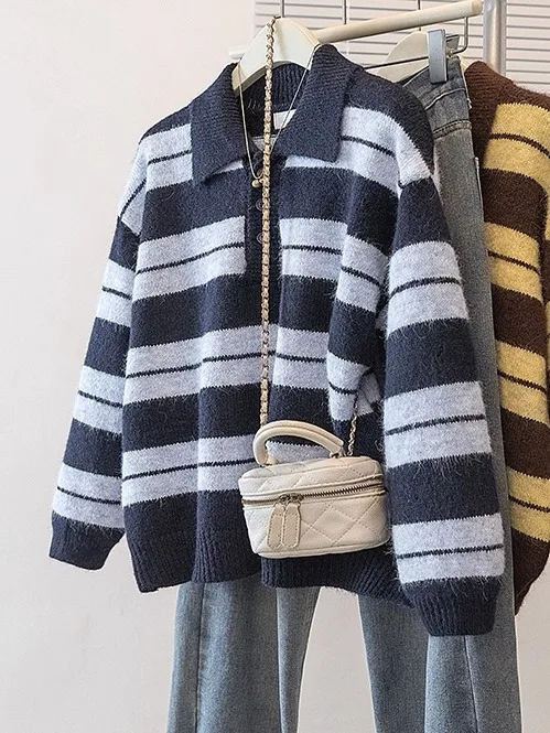 

K Синий полосатый длинный свитер с воротником свека, женский осенне-зимний удобный топ больших размеров Sli для поездок на работу