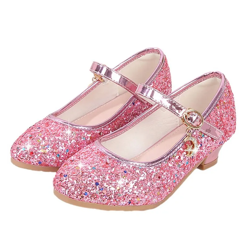 Children\'s Glossy High Heel Dance Princess Shoes Girls Non-slip Sequins Shallow Mouth Leather Shoes 26-40 Sizes