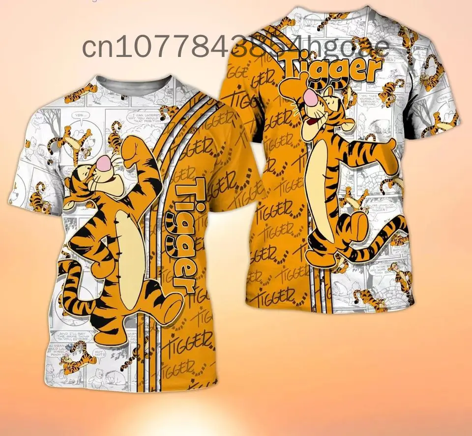 2024 Disney Tigger Winnie Pooh Quotes Orange Patterns Cartoon Outfits Unisex Casual Men and Women T-shirts 3D Short Sleeve