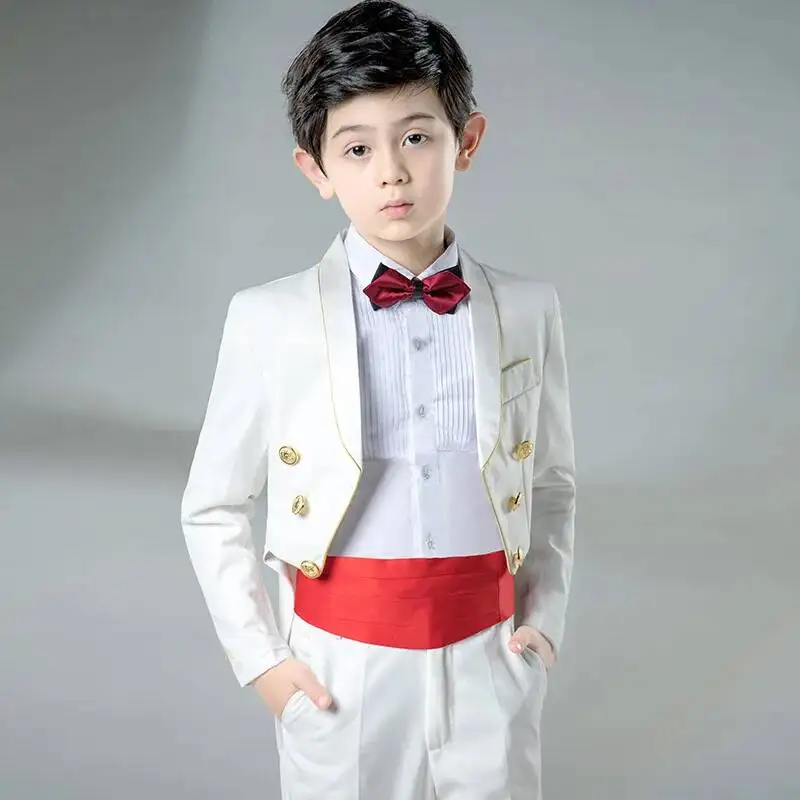 Vestido Infantil Branco de Halloween com Cauda de Flor para Meninas, Terno Mini para Meninos, Traje para Desfile de Moda e Apresentação de Piano