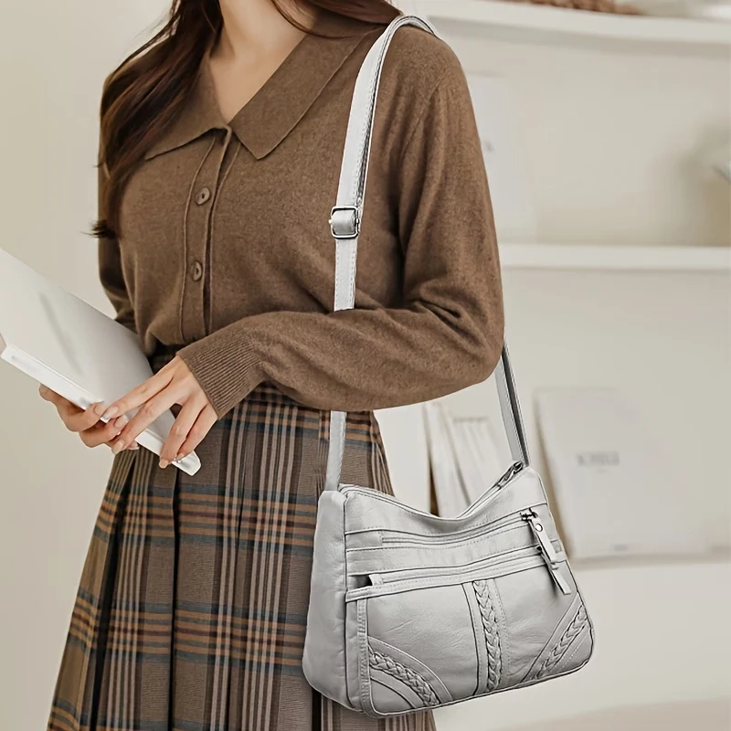 Stylish Leather Shoulder Bag for Women Multi Pocket Crossbody Hobo Bag Soft Washed Leather Casual Travel Satchel Black Daily Use