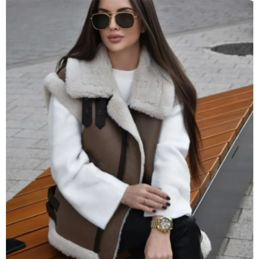 2024 Autumn Winter New Ladies Warm Fur Integrated Sleeveless Fleece Stitching Coat Vest Jacket