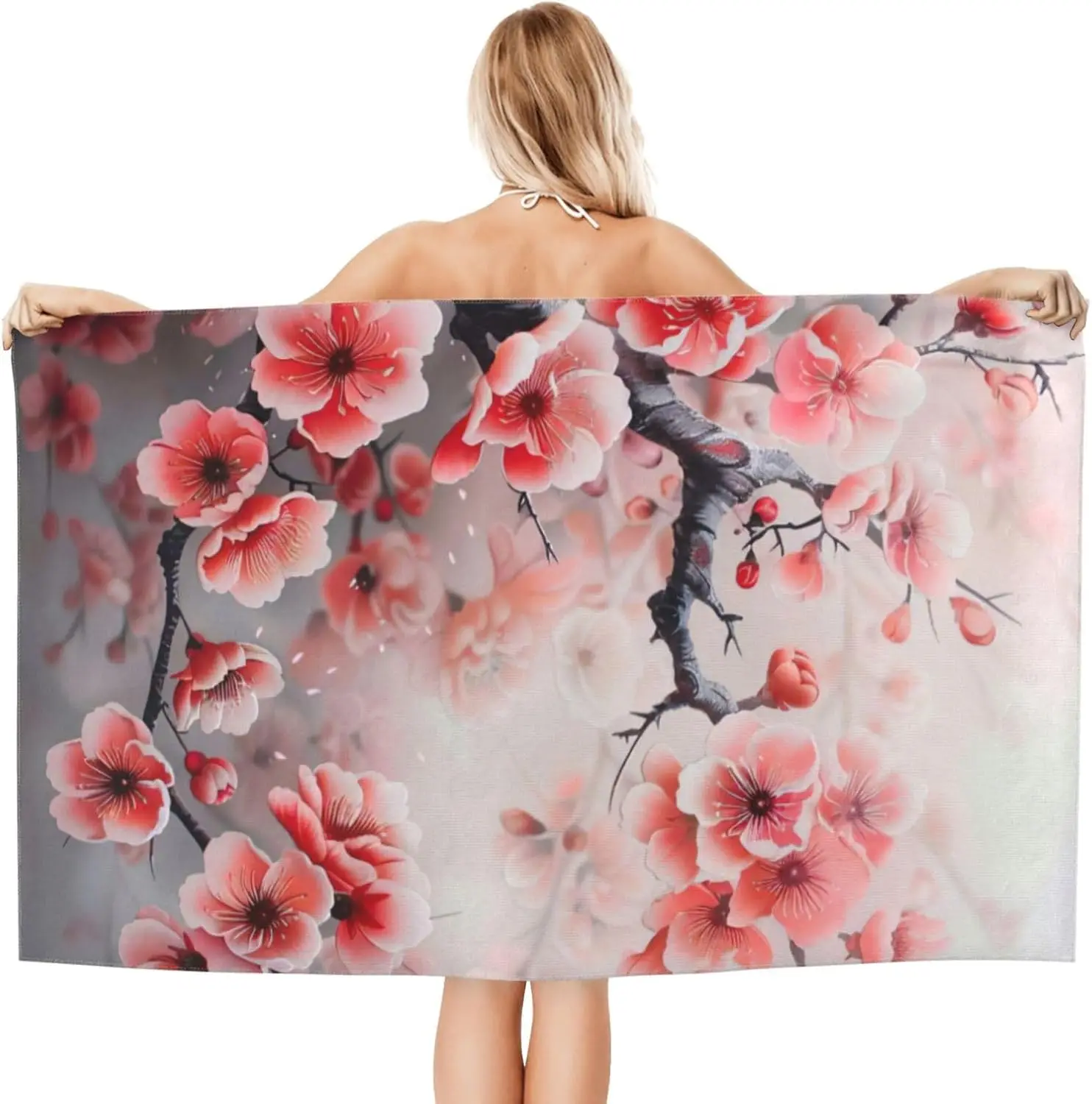 Plum Blossom Print Beach Towel – Soft Microfiber, Absorbent, Quick-Drying for Pool, Beach, Bathroom, Travel – Premium for Adults