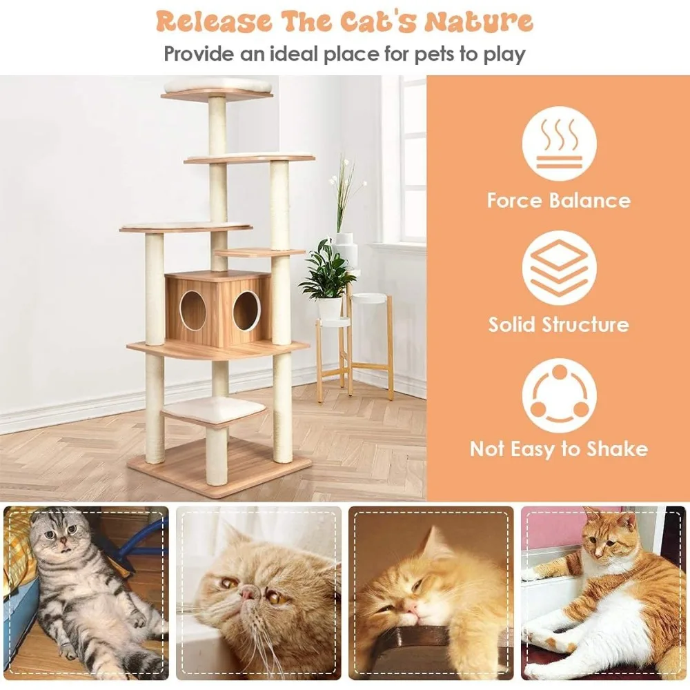 برج قطط حديث بطول 69 بوصة مع أعمدة خدش حبل السيزال، شجرة قطط بمنصة متعددة الطبقات للتسلق والراحة #6