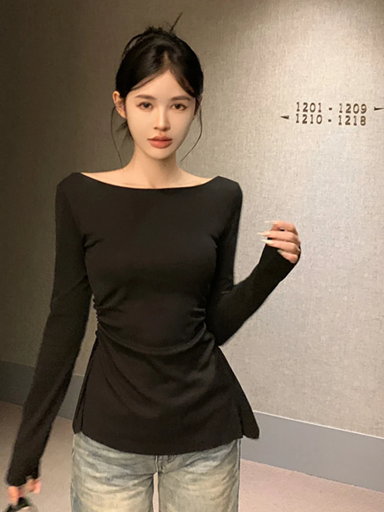 Pure Desire Subtle Backless Lace Splice Long Sleeve T-Shirt Sexy Versatile Base Shirt Top for Young Women Summer Season