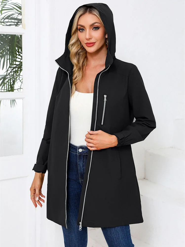 2024 Outdoor Sports Windbreaker Women\'s Trench Coat Waterproof Hooded Long Outerwear Oversize Loose Casual Tops Spring Autumn