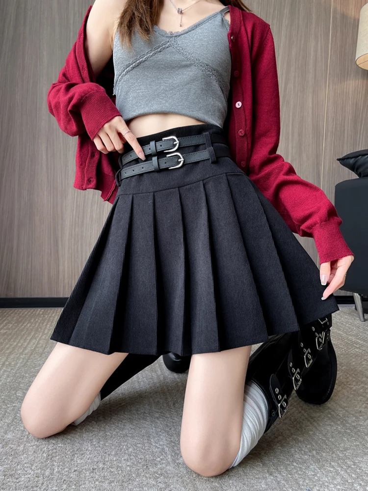 

Winter Mini Corduroy Pleated Skirt Women Fashion Streetwear Preppy Kawaii Ruffled Skirts With Shorts Belt A-line Jupe Plisseé