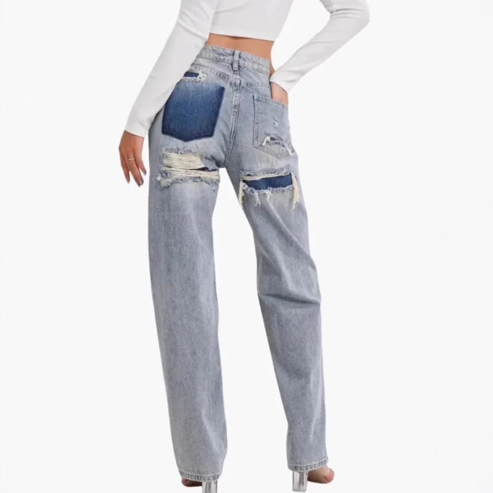 Women's Broken Holes Loose Jeans Fashion Trousers Gradient Colour Casual Streetwear Pant Solid Colour Loose Decorated Jeans