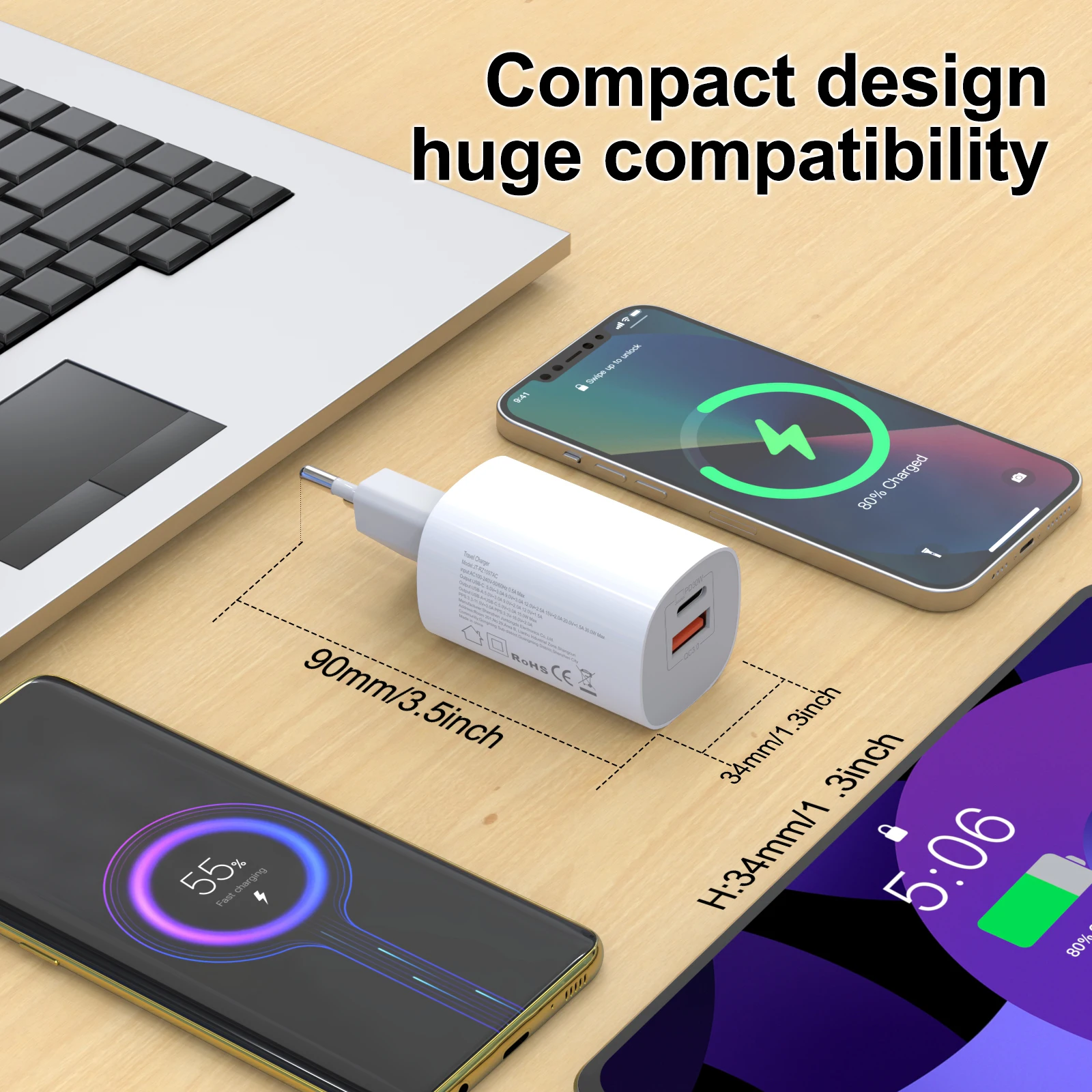 GAN 30W Fast Charger 2-Port USB C & USB a PD3.0 QC3.0 PPS Compatible with Samsung Galaxy S25 S24 S23 S22 S21 S20 S10 A56 A55 Xia