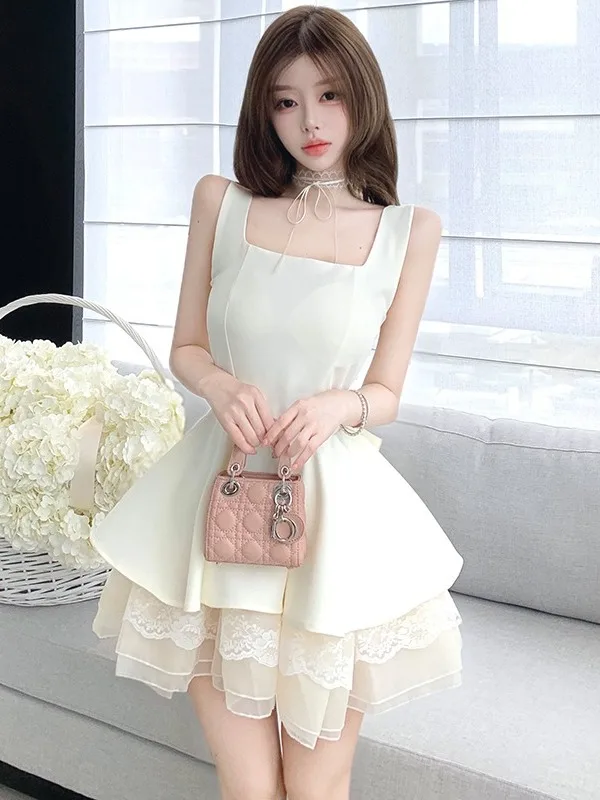 

Sweet And Spicy Sleeveless Puffy Skirt Women's Summer New Waist Cinching Slimming Lace Mesh Splice Knot Birthday Dr...