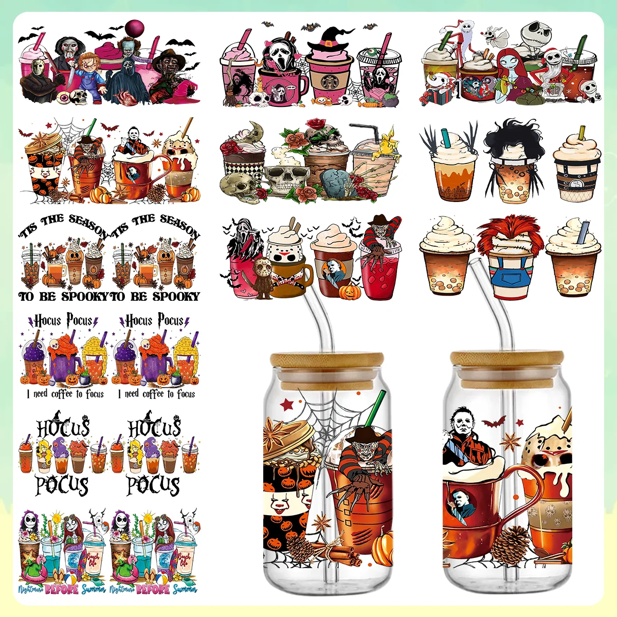 Coffee Cups Wrap Bundle Halloween Coffee Cups Spooky Fall Design Horror Movie Characters  Skeleton Coffee Glass