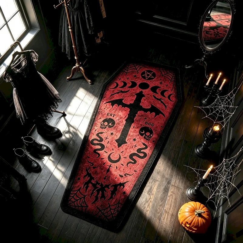 VIKAMA Coffin Shaped Carpet, Soft, Non Slip, Washable Floor Mat, Gothic Dark Printed Fluffy Carpet, Home Decoration