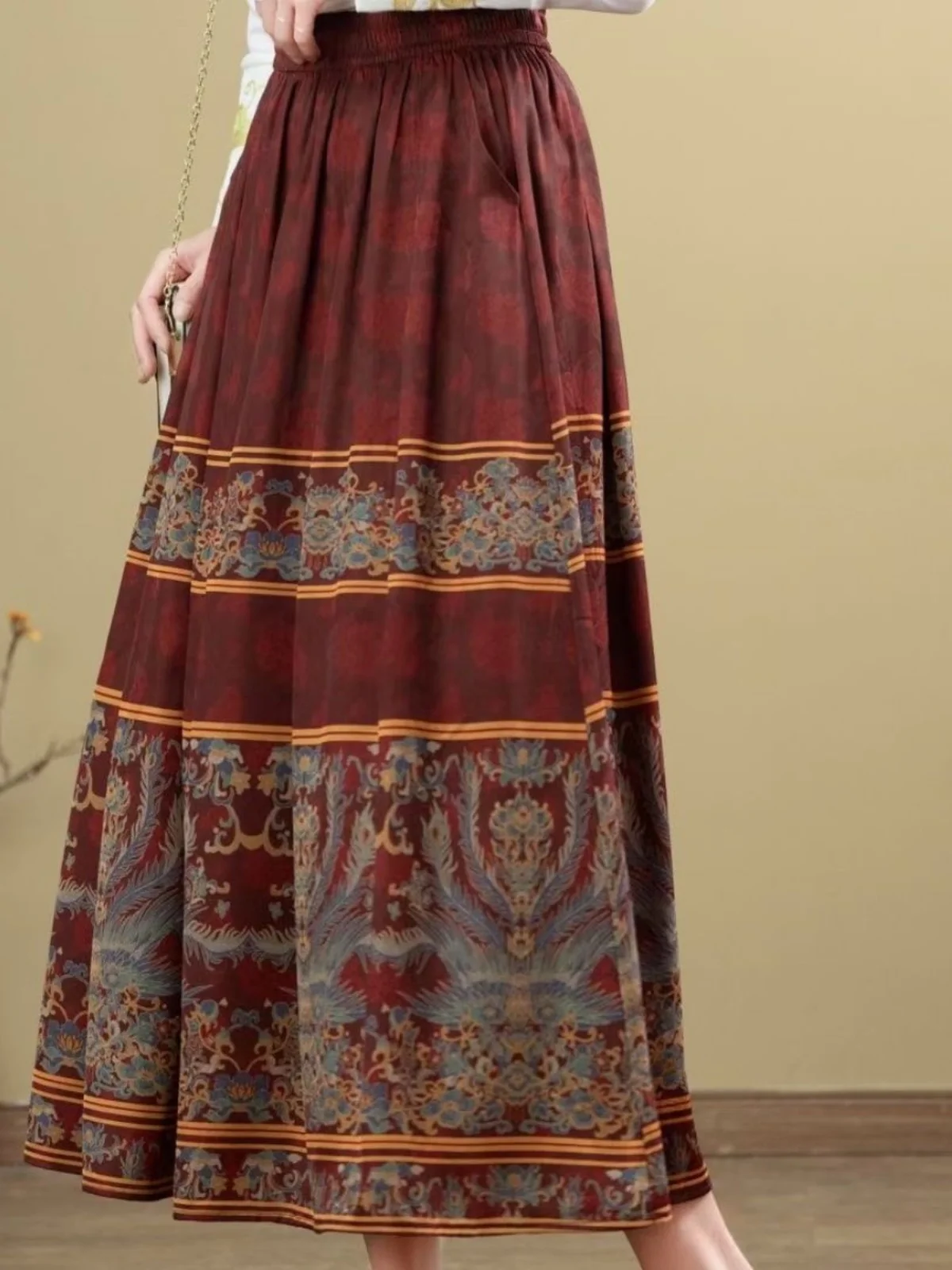 엘리 프린트 미디 스커트 중국 스타일 하이웨이스트 폴리에스터 원단 여성 패션 여름 신상 루즈핏 미디길이