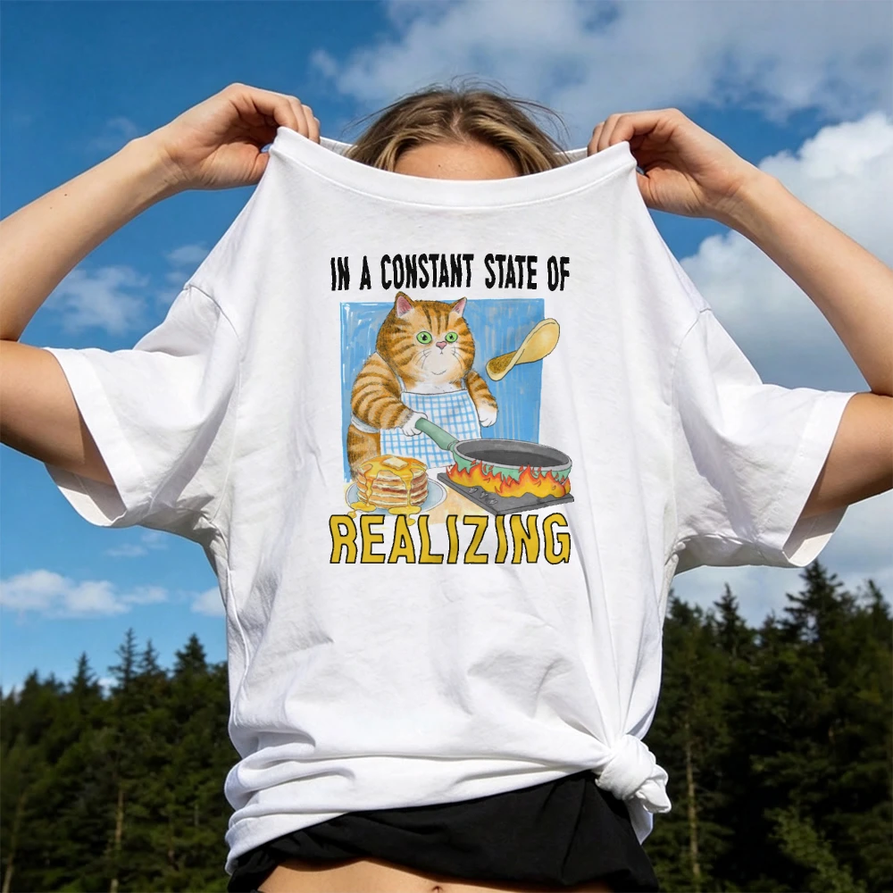 In A Constant State of Realizing Cooking Orange Tabby Cat Men Humor T Shirt Vacation Travel Outfit Breathable Daily Wear Clothes