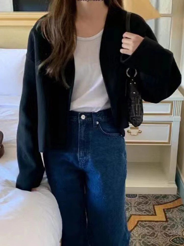 High-end Short Double-sided Open V-neck Short Style Coat Women Spring Autumn New Loose Woolen Coats Fashion Jacket Female