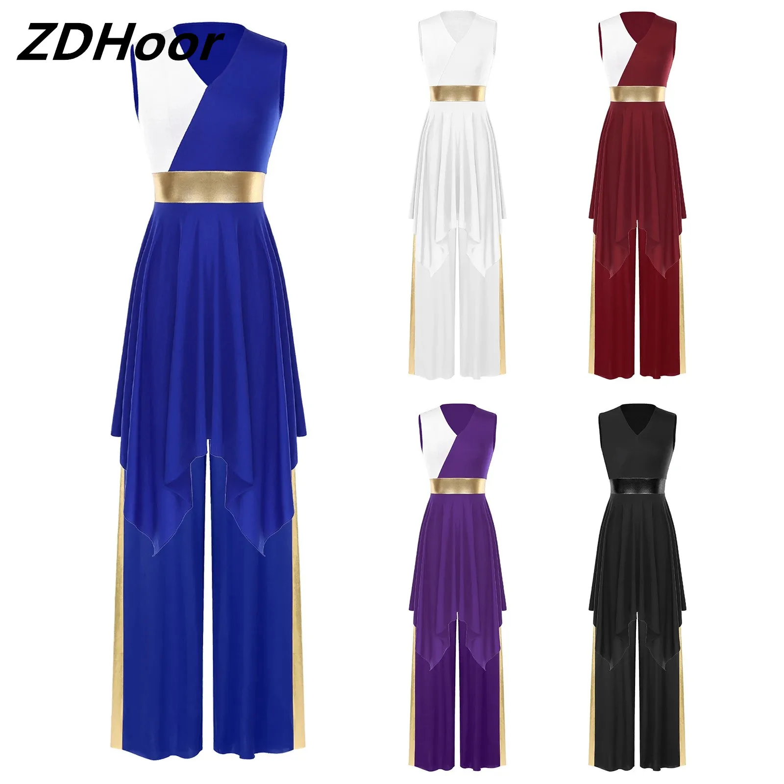 

Women Color Block Liturgical Dance Outfit Patchwork V Neck Sleeveless Irregular Hem Dress with Wide-Leg Pants
