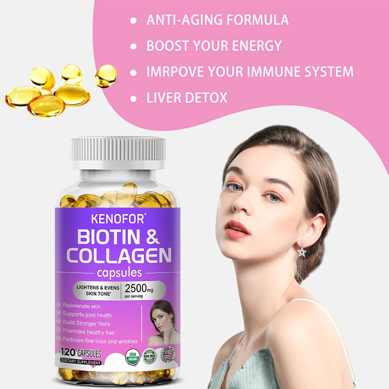 KENOFOR Biotin Collagen Supplement 2500 mg Unisex Hair Skin Nail Support 30 to 120 Capsules