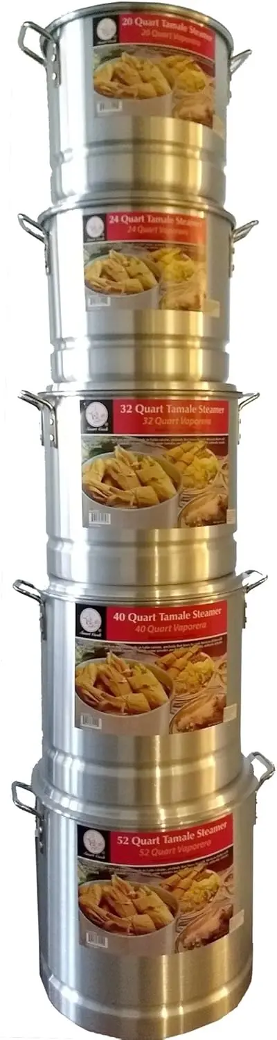 Tamale Steamer Vaporera Stock Pot Aluminum Tamale/Steamer 1 Set of 52 + 40 +32 + 24 +20 quart with steamer inserts and lids