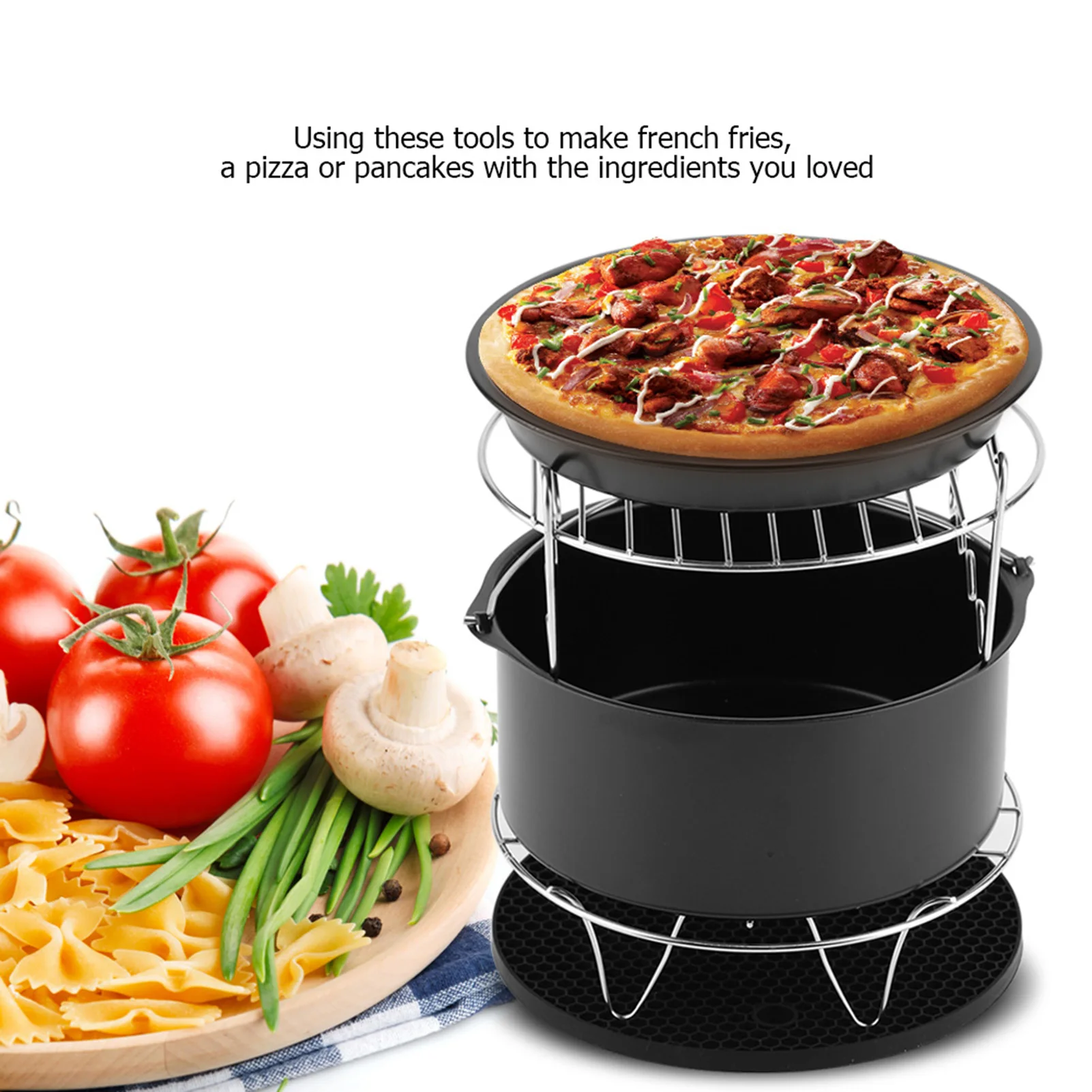 

7Inch /set Air Fryer Accessories Kit Pizza Pan Cake Barrel Metal Holder Cooking Tools Universal Air Fryer Accessories