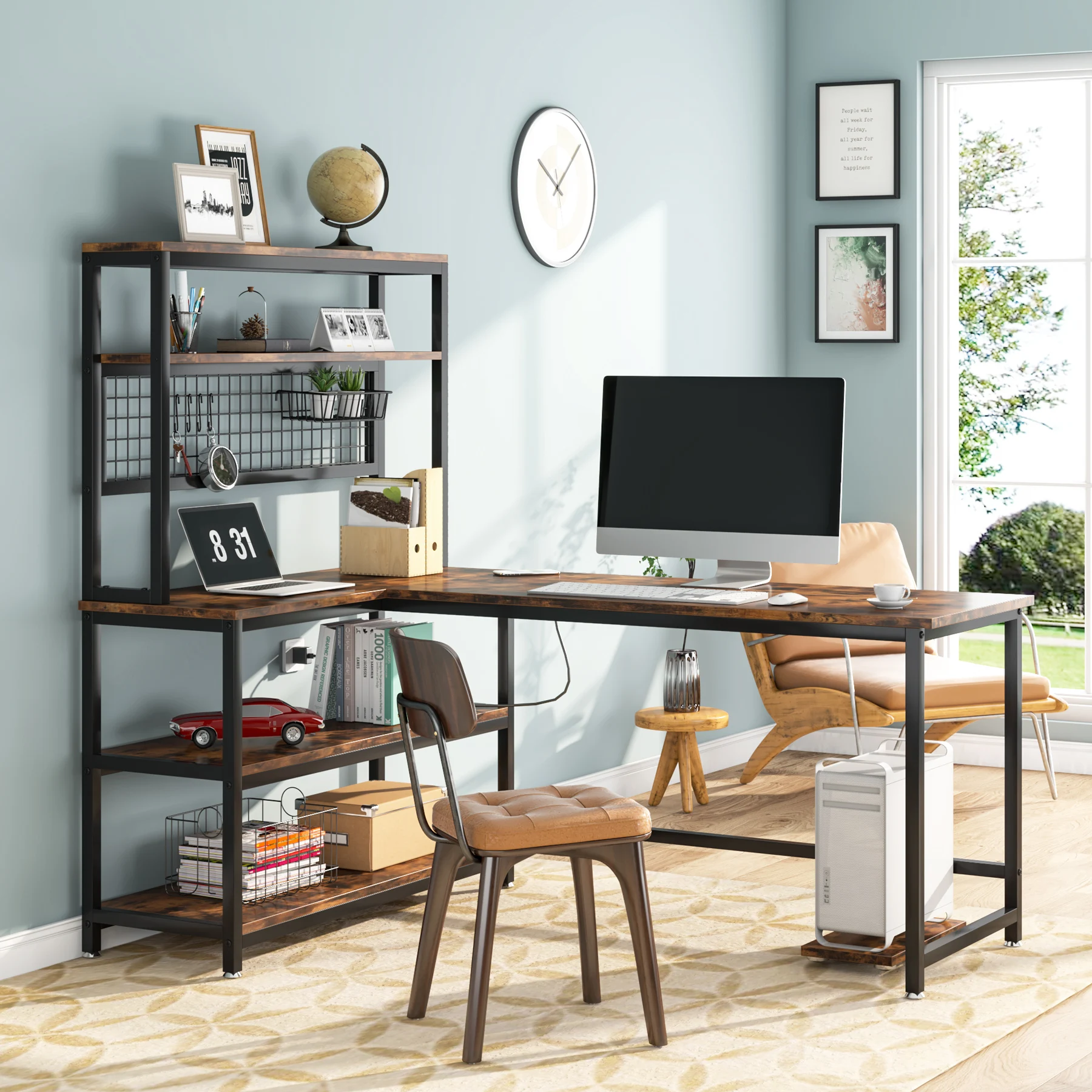 

we-Tribesigns 55\" Reversible l-Shape Office Desk Extendable Wooden Computer Table with Wireless Charging & Shelves#