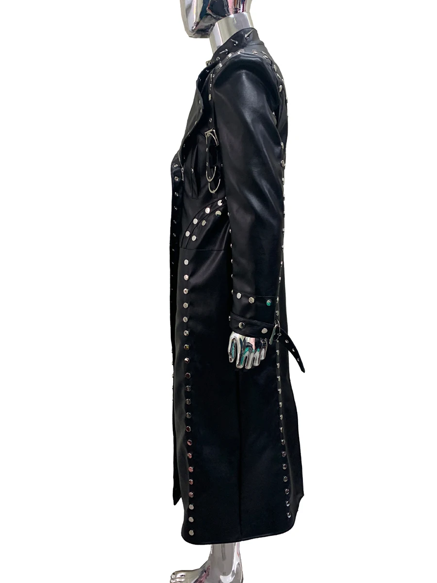 Mauroicardi Spring Autumn Cool Long Black Hard Pu Leather Coat Men Rivet Luxury Designer Punk Style Clothes Fashion Streetwear