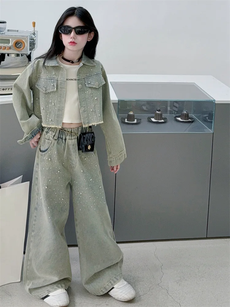 Autumn Teen Girls Shiny Denim Suit Hot Pressed Cowboy Jacket+Wide Leg Jeans 2pcs Junior Child Kid Pants Clothes Set Outfits 4-14