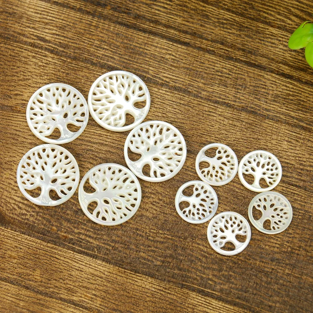 Laser Carving Tree of Life Jewelry Pendant Natural White Mother of Pearl Round Garment Beads Wealth Lucky Apparel Sewing Decor